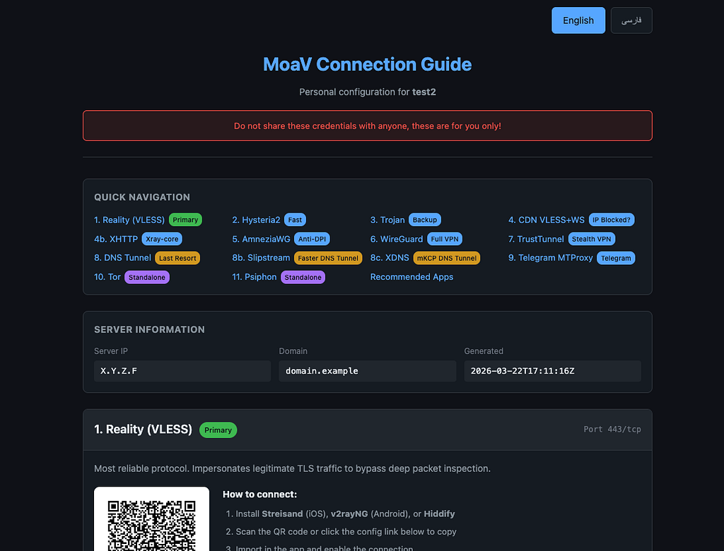 The README.html included in a user bundle, with per-protocol app suggestions and QR codes