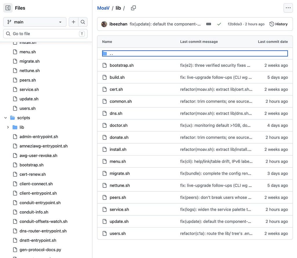 The moav.sh script split into 15 library files