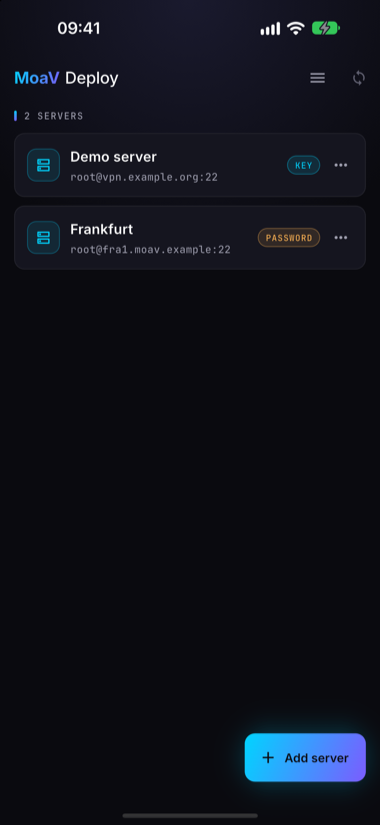The servers list, with one key-based and one password-based server