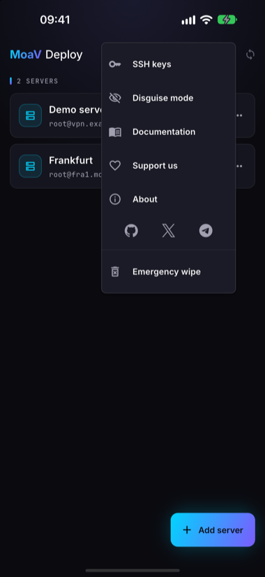 The app menu: SSH keys, Disguise mode, Documentation, Support us, About, Emergency wipe
