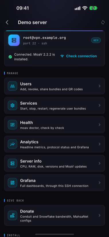 The server hub: connection status, MoaV version, and tiles for Users, Services, Health, Analytics, Server info and Grafana