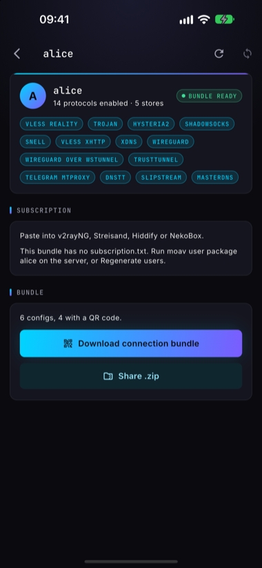 A user's page with protocol list, Download connection bundle and Share .zip